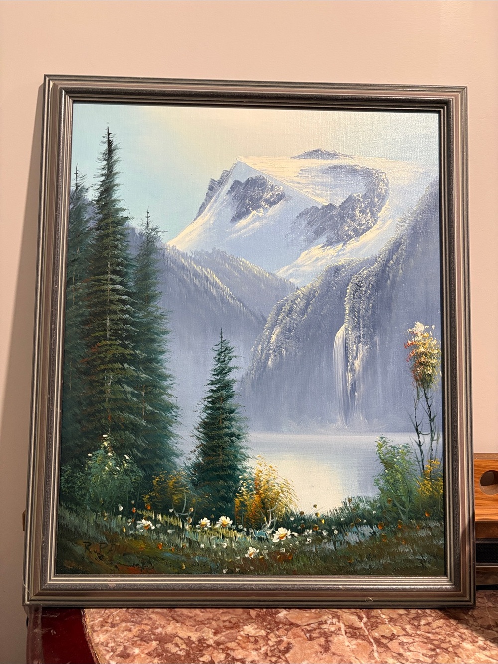 Framed Mountain Waterfall Landscape Art oil painting in Green and Blue
